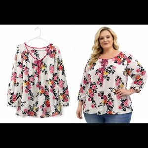 Daniel Rainn Plus Size Floral Tie Neck Blouse Pink & Black Boho Peasant Top